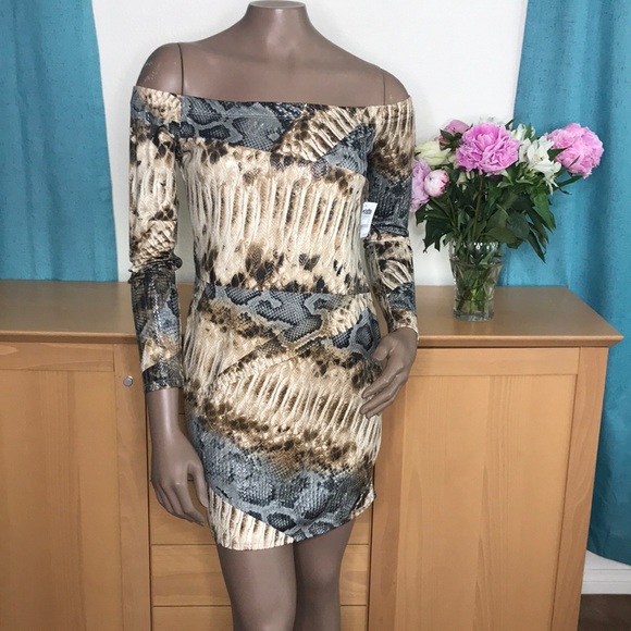 Charlotte Russe Dresses & Skirts - Mini Dress Size Large Off Shoulder Lizard Print Brand New Neutral Gray Clubwear